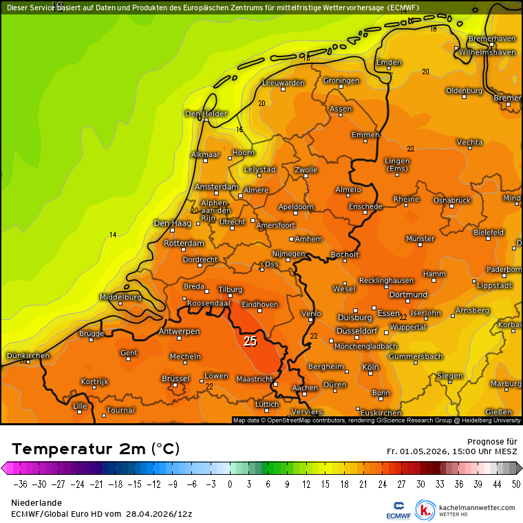 Maximale temperaturen vrijdag