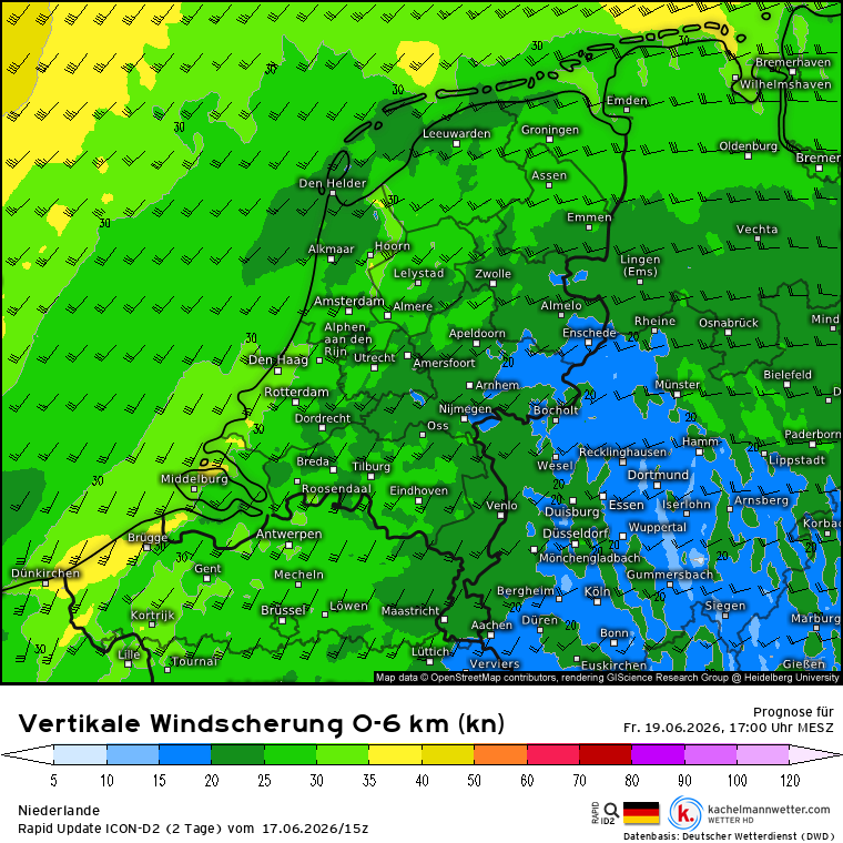 Windschering voor vrijdagavond. Gemiddeld 20 kts